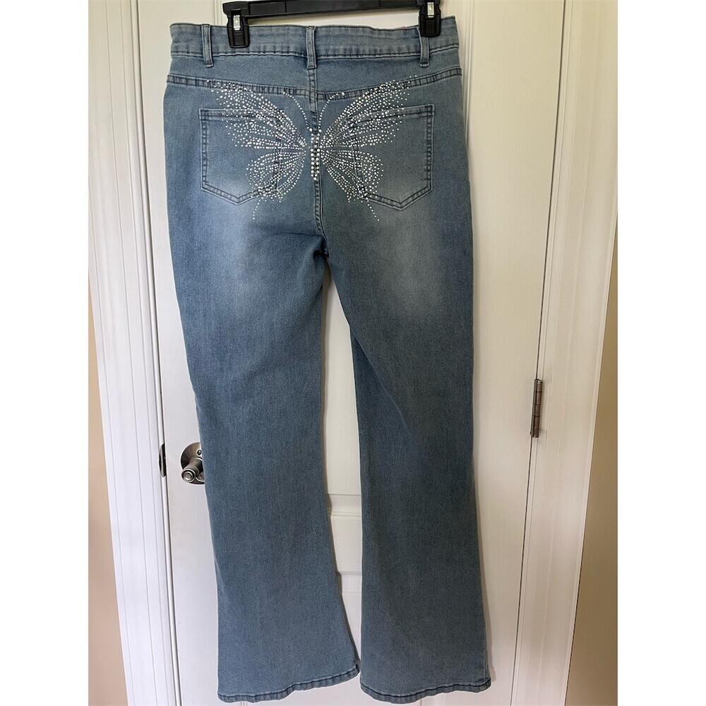 🆕Between Us Womens Juniors Jeans 13 High Rise Bootcut Butterfly Rhinestone